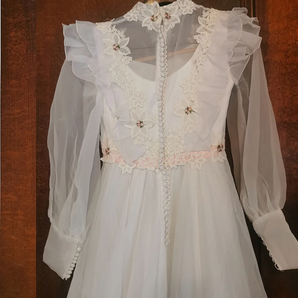 Vintage 60s Wedding Dress Long Veil Train Ruffles Floral Lace Barbie Pink 1960 - Picture 4 of 16